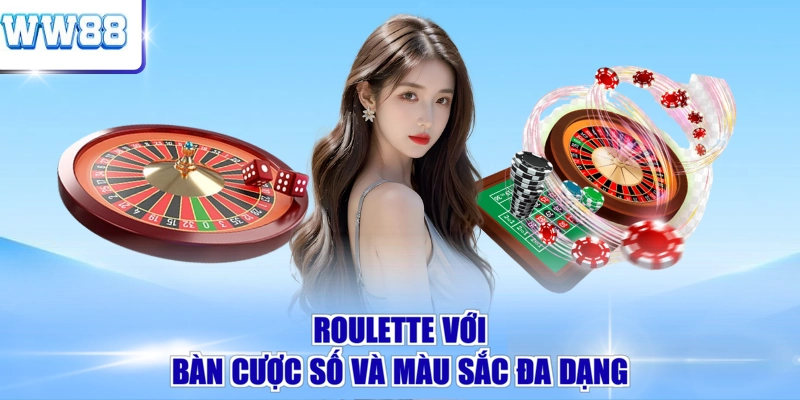 Roulette với bàn cược số và màu sắc đa dạng